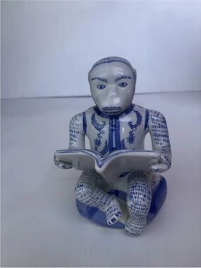 Vintage Chinoiserie Blue & White Porcelain Reading Monkey Figurine